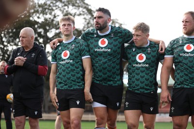 290624 - Wales Rugby Training as they prepare for their Summer Series against Australia - Josh Hathaway, Cory Hill and Sam Costelow during training