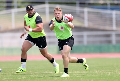 300625 - Wales Rugby Training in Kitakyushu in the week leading up to their first test against Japan - Sam Costelow during training