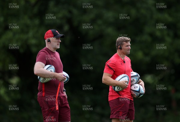 300626 - Wales Rugby Training ahead of the first Nations Championship game against Fiji - Steve Tandy, Head Coach and Leigh Halfpenny, Kicking Coach during training