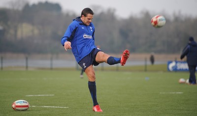 31.01.11 - Wales Rugby Training - Lee Byrne kicks during training. 