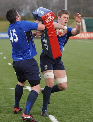 31.01.11 - Wales Rugby Training - Dan Lydiate hits the tackle bag of Rob McCusker during training. 
