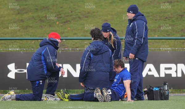 31.01.11 - Wales Rugby Training - Leigh Halfpenny is injured during training. 