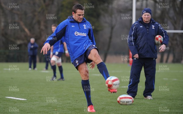 31.01.11 - Wales Rugby Training - Lee Byrne kicks during training. 