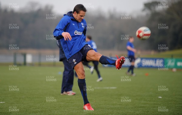 31.01.11 - Wales Rugby Training - Lee Byrne kicks during training. 