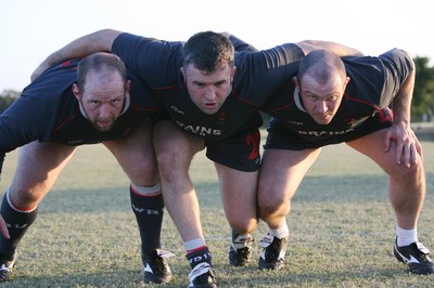31.05.07  Wales rugby tour to Australia Front row..Ceri Jones, Mefin Davies and Iestyn Thomas in training in Brisbane 