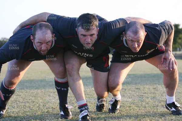 31.05.07  Wales rugby tour to Australia Front row..Ceri Jones, Mefin Davies and Iestyn Thomas in training in Brisbane 