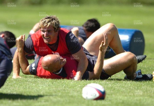 31.07.07 - Wales Rugby Press Conference - Huw Bennett and Will James (ground) in action during training 