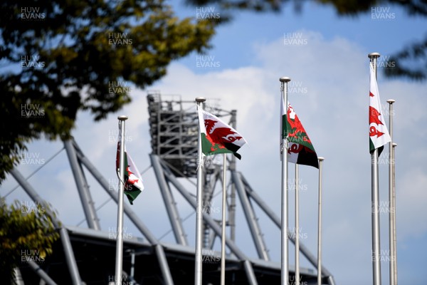 150919 - Wales Rugby Training and Media Interviews - Wales flags around Kitakyushu