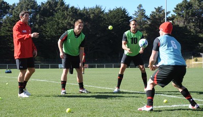 03.09.11 - Wales Rugby Training - James Hook, Jonathan Davies, Lee Byrne and Shane Williams during training. 