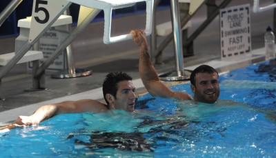 03.09.11 - Wales Rugby Pool Recovery Session - James Hook and Jamie Roberts during a pool recovery session. 