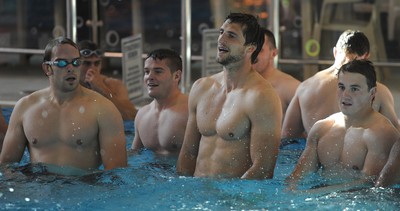 03.09.11 - Wales Rugby Pool Recovery Session - (L-R) Alun Wyn Jones, Tavis Knoyle, Luke Charteris and Jonathan Davies during a pool recovery session. 
