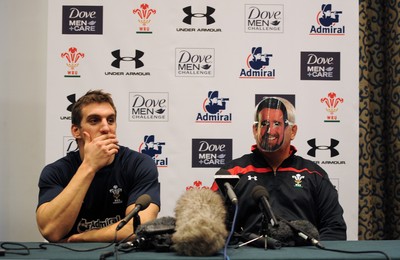 29.11.11 - Wales Rugby Team Announcement - Wales head coach Warren Gatland announces his team to play Australia on Saturday wearing a Shane Williams mask. 