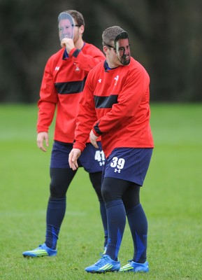 29.11.11 - Wales Rugby Training  George North and Scott Williams wear masks with Shane Williams face on after he was named in the Wales team to play Australia, which will be his last game for his country before he retires from international rugby. 