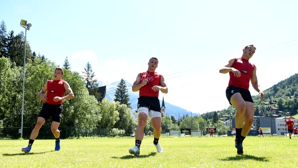 170719 - Wales Rugby World Cup Training Camp in Fiesch, Switzerland - Josh Adams, Scott Williams and Hallam Amos during training