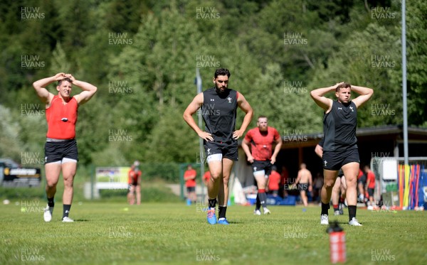 170719 - Wales Rugby World Cup Training Camp in Fiesch, Switzerland - Ryan Elias, Cory Hill and Elliot Dee during training
