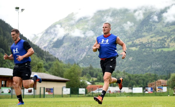 180719 - Wales Rugby World Cup Training Camp in Fiesch, Switzerland - George North and Gareth Anscombe during training