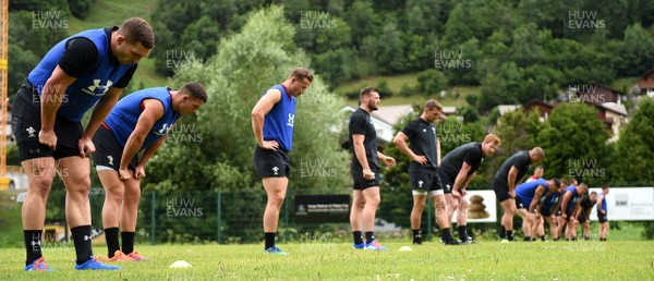 180719 - Wales Rugby World Cup Training Camp in Fiesch, Switzerland - George North, Owen Watkin and Hallam Amos during training