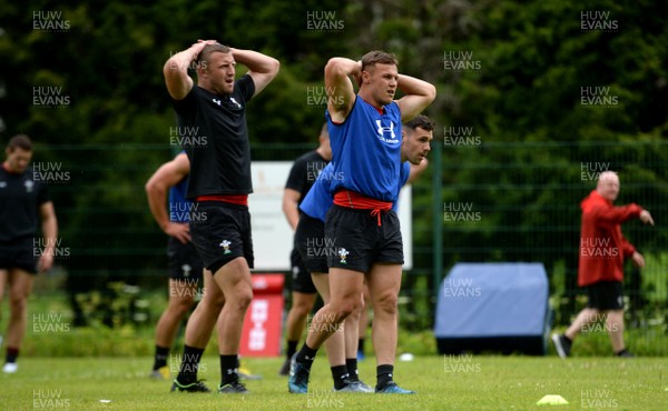 180719 - Wales Rugby World Cup Training Camp in Fiesch, Switzerland - Hadleigh Parkes and Jarrod Evans during training