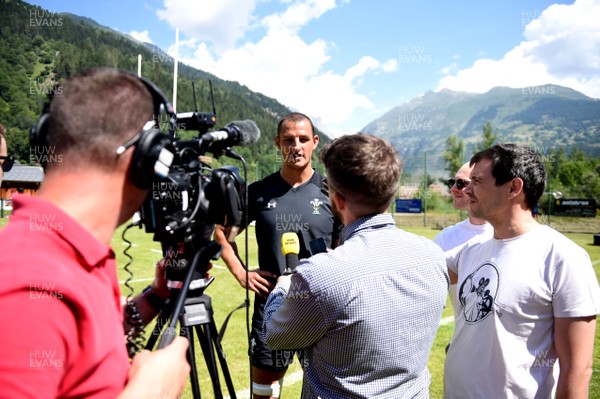 190719 - Wales Rugby World Cup Training Camp in Fiesch, Switzerland - Aaron Shingler talks to media during training