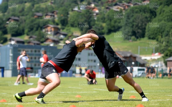 190719 - Wales Rugby World Cup Training Camp in Fiesch, Switzerland - Wyn Jones and Ryan Elias during training