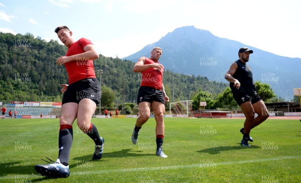 200719 - Wales Rugby World Cup Training Camp in Fiesch, Switzerland - Adam Beard, Ross Moriarty and Taulupe Faletau during training