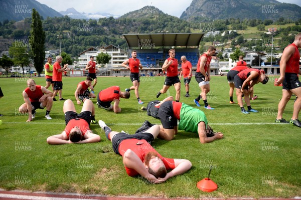 200719 - Wales Rugby World Cup Training Camp in Fiesch, Switzerland - Players recover during training