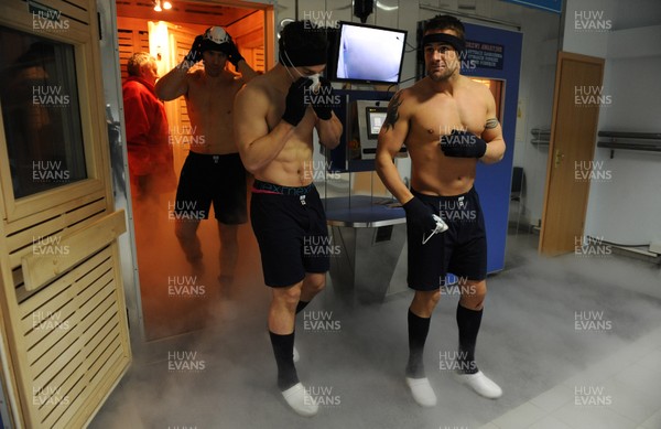 23.01.12 - Wales Rugby Training Camp in Poland - Lee Byrne, George North and James Hook come out of the cryotherapy chamber. 