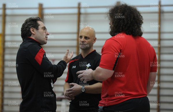 24.01.12 - Wales Rugby Training Camp in Poland - Wales sprint consultant Frans Bosch talks to , Wales Head of Physical Performance Adam Beard and Adam Jones. 