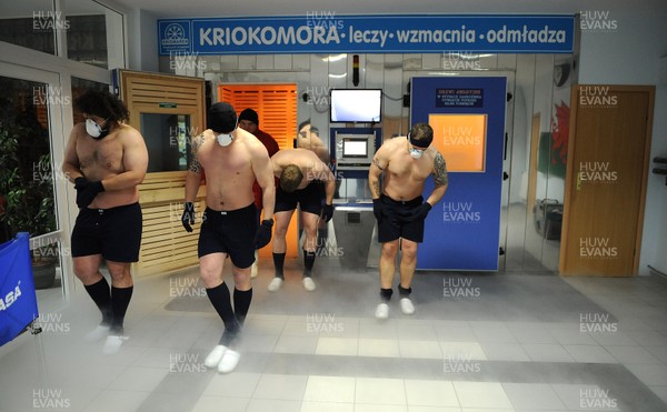 25.01.12 - Wales Rugby Training Camp in Poland - Adam Jones, Matthew Rees, Bradley Davies and Paul James come out of the cryotherapy chamber. 