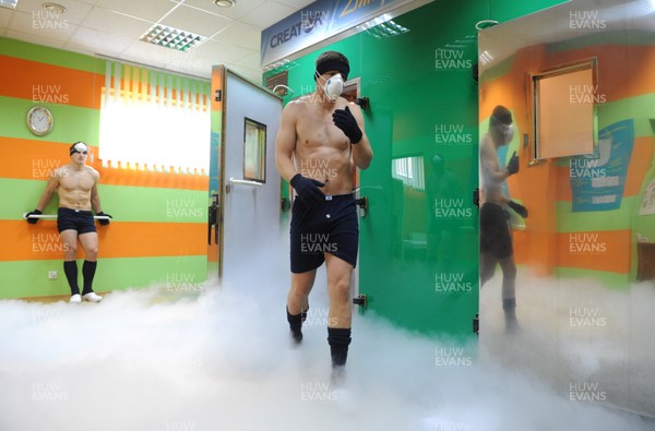 311012 - Wales Rugby Training Camp in Poland -Rhys Priestland comes out of the cryotherapy chamber