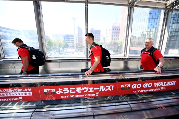 190919 - Wales Rugby Training - Leigh Halfpenny, Owen Watkin and Paul Stridgeon as the Wales squad travel to Toyota by "Bullet Train"