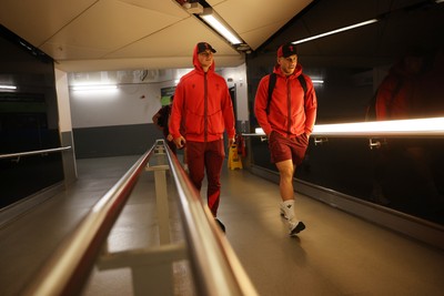 040326 - Picture shows the Wales Rugby Team travelling to Dublin, Ireland for their Six Nations game against Ireland on Friday - Louis Rees-Zammit and Kieran Hardy