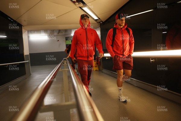 040326 - Picture shows the Wales Rugby Team travelling to Dublin, Ireland for their Six Nations game against Ireland on Friday - Louis Rees-Zammit and Kieran Hardy