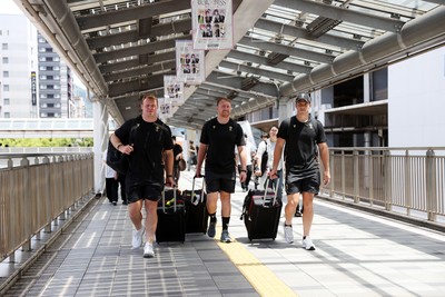 060725 - Wales Rugby travel to Kobe, Japan for their second test of the tour - Dewi Lake, Tommy Reffell and Kieran Hardy