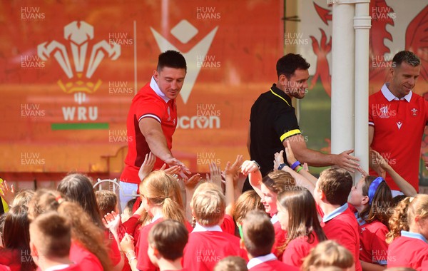 200723 - WRU - Josh Adams and Tomos Williams during Wales Rugby World Cup 2023 kit launch at Ynysangharad Park, Pontypridd