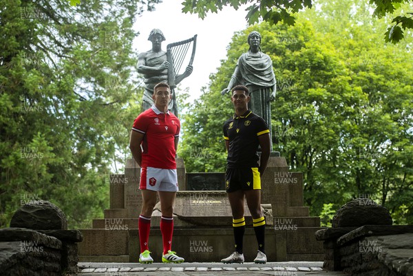 200723 - WRU - Josh Adams and Rio Dyer during Wales Rugby World Cup 2023 kit launch at Ynysangharad Park, Pontypridd
