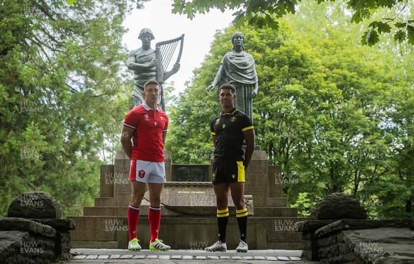 200723 - WRU - Josh Adams and Rio Dyer during Wales Rugby World Cup 2023 kit launch at Ynysangharad Park, Pontypridd