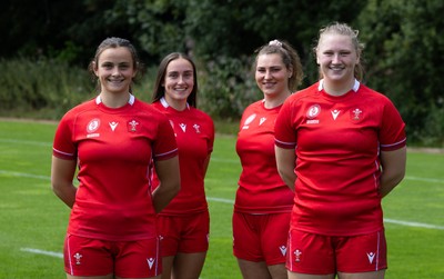 070825 - Wales Women Rugby World Cup Squad  - Left to right, sisters Branwen Metcalfe and Nel Metcalfe with Gwenllian Pyrs and Alaw Pyrs who are selected in the Wales Womens World Cup Squad