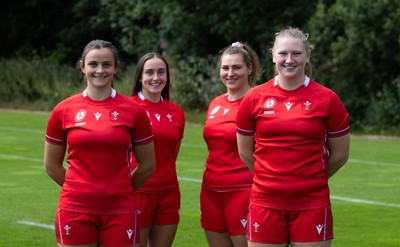 070825 - Wales Women Rugby World Cup Squad  - Left to right, sisters Branwen Metcalfe and Nel Metcalfe with Gwenllian Pyrs and Alaw Pyrs who are selected in the Wales Womens World Cup Squad