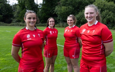 070825 - Wales Women Rugby World Cup Squad  - Left to right, sisters Branwen Metcalfe and Nel Metcalfe with Gwenllian Pyrs and Alaw Pyrs who are selected in the Wales Womens World Cup Squad