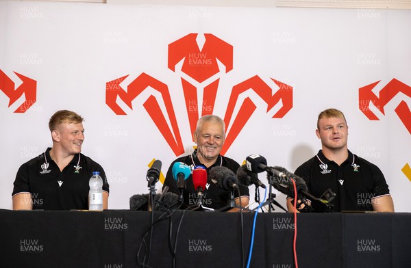 210823 - Wales Rugby World Cup Squad Announcement - Wales Head Coach Warren Gatland and co-captains Jac Morgan (left) and Dewi Lake (right) speak to the media 