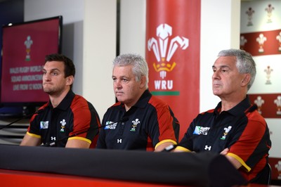 310815 - Wales Rugby World Cup Squad Announcement -WRU Chairman Gareth Davies names the Wales Rugby World Cup squad with head coach Warren Gatland and captain Warburton (left)