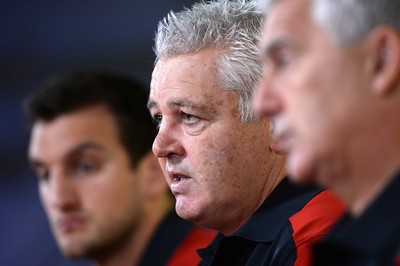 310815 - Wales Rugby World Cup Squad Announcement -WRU Chairman Gareth Davies names the Wales Rugby World Cup squad with head coach Warren Gatland and captain Sam Warburton (left)