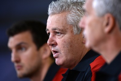 310815 - Wales Rugby World Cup Squad Announcement -WRU Chairman Gareth Davies names the Wales Rugby World Cup squad with head coach Warren Gatland and captain Sam Warburton (left)