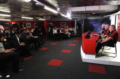 310815 - Wales Rugby World Cup Squad Announcement -(L-R) Sam Warburton, Warren Gatland, Gareth Davies and Alan Phillips during the naming of the Wales Rugby World Cup squad