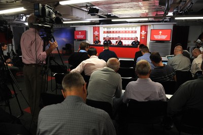 310815 - Wales Rugby World Cup Squad Announcement -(L-R) Sam Warburton, Warren Gatland, Gareth Davies and Alan Phillips during the naming of the Wales Rugby World Cup squad