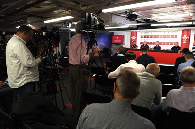 310815 - Wales Rugby World Cup Squad Announcement -(L-R) Sam Warburton, Warren Gatland, Gareth Davies and Alan Phillips during the naming of the Wales Rugby World Cup squad