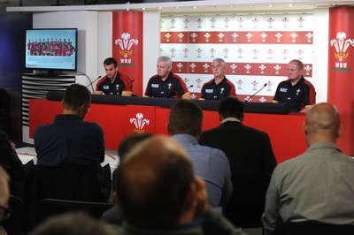 310815 - Wales Rugby World Cup Squad Announcement -(L-R) Sam Warburton, Warren Gatland, Gareth Davies and Alan Phillips during the naming of the Wales Rugby World Cup squad