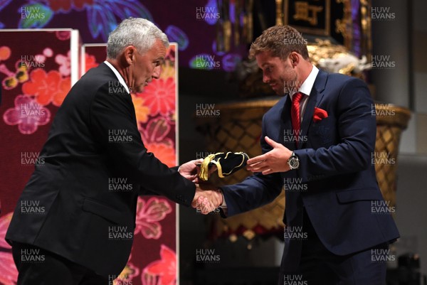160919 - Wales Rugby World Cup Welcome Ceremony - Leigh Halfpenny receives his cap from Gareth Davies