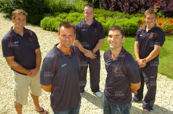 08.08.07 -  Wales Sevens Press Conference - (front l-r)Wales Sevens Head Coach, Dai Rees and his assistant, Gareth Baber with (back l-r) sevens player James Harris, Jonathan Edwards and Wayne Evans at a press conference to announce that Wales have joined the core members of the IRB Sevens series  